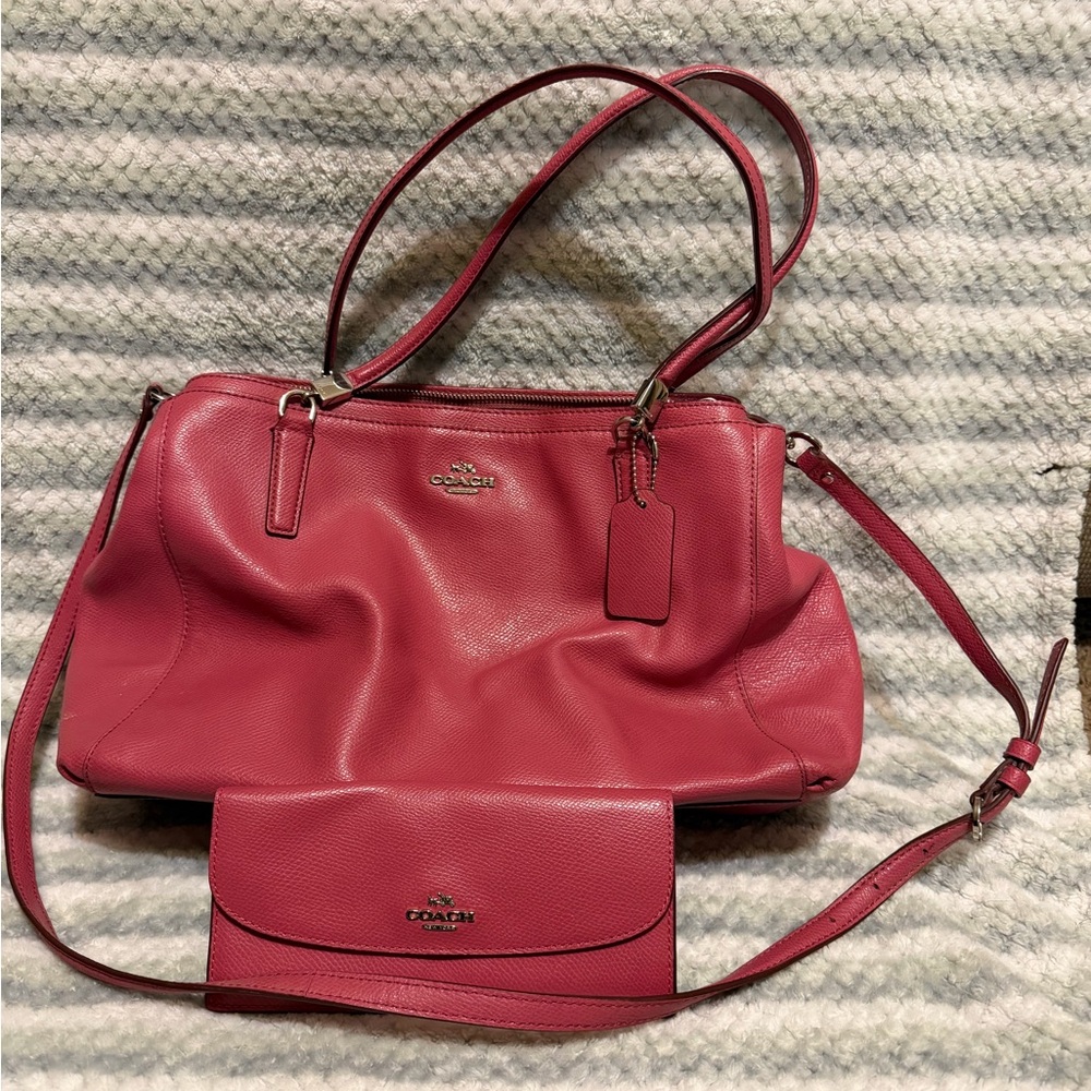 Coach Raspberry Leather Shoulder Bag and Wallet Set